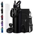 40Oz Insulated Water Bottle with Straw - Auto Spout Lid, Strap Sleeve, Paracord Handle, 40 Oz Stainless Steel Water Bottles Keep Cold 48H Hot 24H, Metal Thermo Jug for Gym Sports Hiking, Black