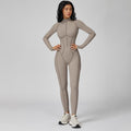 Womens Contour Seams Long Sleeve Padded Workout Jumpsuit Zip up Tummy Control One Piece Bodycon Yoga Rompers Fitness Sport Outfits Athletic Style Activewear
