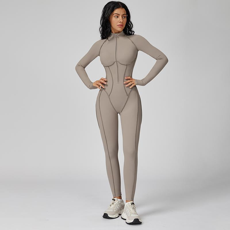 Womens Contour Seams Long Sleeve Padded Workout Jumpsuit Zip up Tummy Control One Piece Bodycon Yoga Rompers Fitness Sport Outfits Athletic Style Activewear