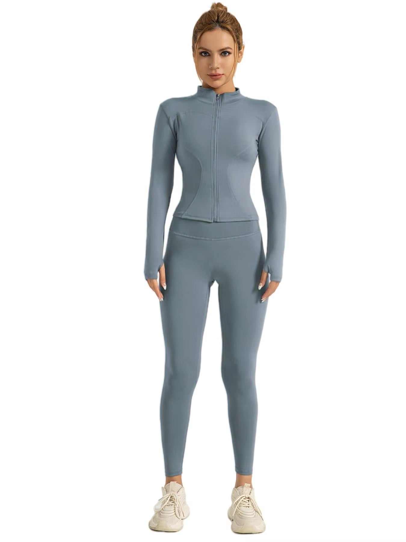 Two-Piece Set Women'S Solid Zip Upmock Neck Sports Jacket & Highwaist Leggings Set, Sportybreathable Quick Drying