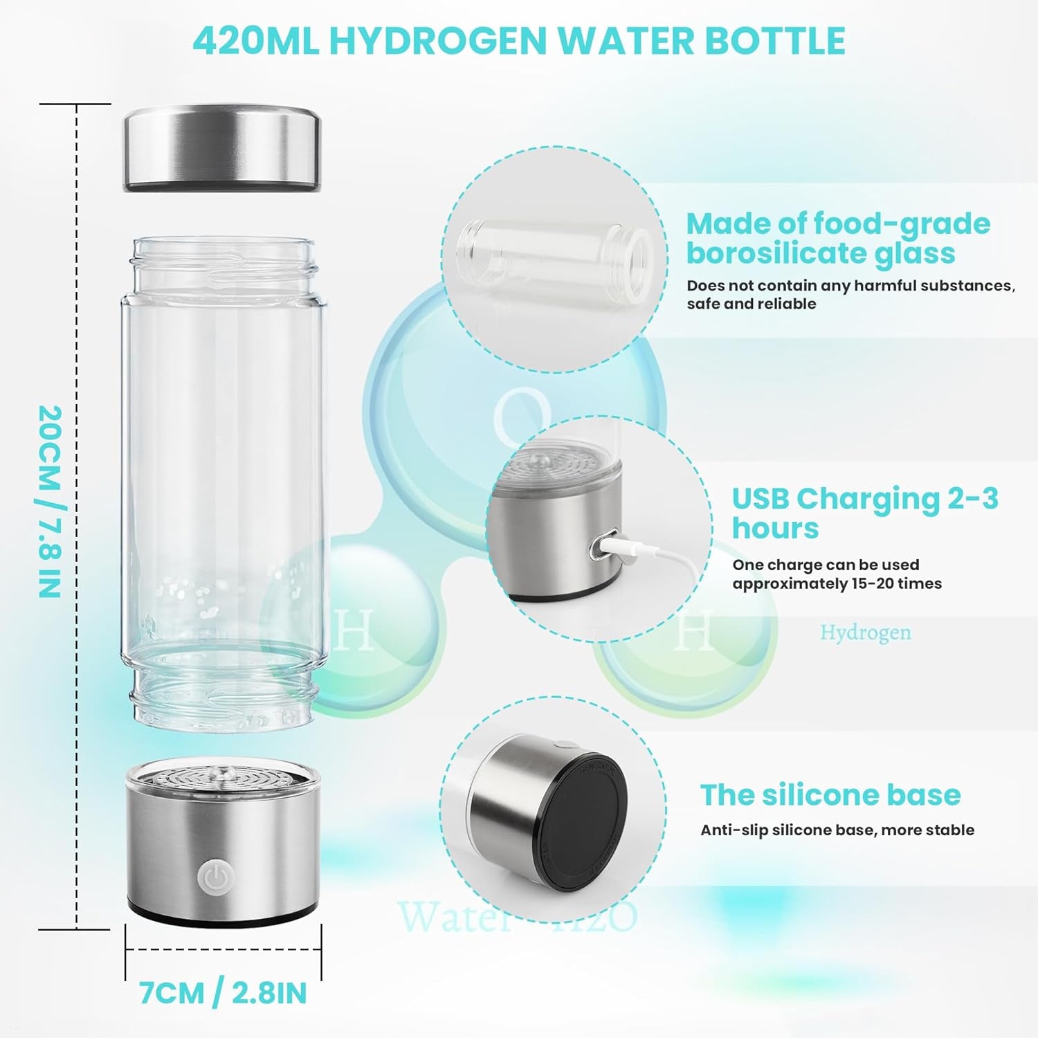 A2 Hydrogen Water Bottle,420Ml Glass Hydrogen Water Generator Rechargeable Hydro