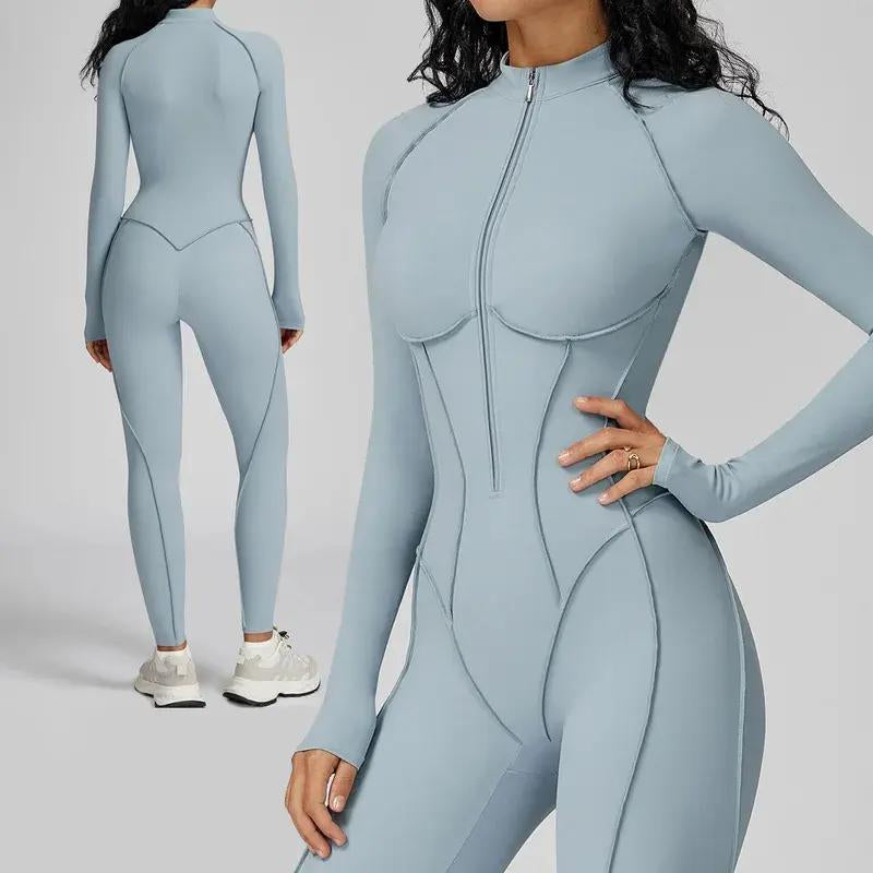 Womens Contour Seams Long Sleeve Padded Workout Jumpsuit Zip up Tummy Control One Piece Bodycon Yoga Rompers Fitness Sport Outfits Athletic Style Activewear