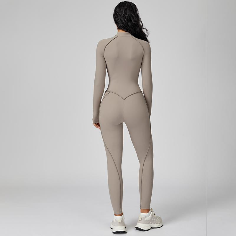Womens Contour Seams Long Sleeve Padded Workout Jumpsuit Zip up Tummy Control One Piece Bodycon Yoga Rompers Fitness Sport Outfits Athletic Style Activewear