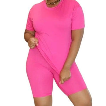 Two-Piece Set Women'S Plain Shorts Set with Comfort round Neck Tee & Skinny Shorts, Summer Casual Outfits, Workout Set, Fitted Design - Suits, Top Women'S Solid Color Shorts Set 2 Piece Sets Women