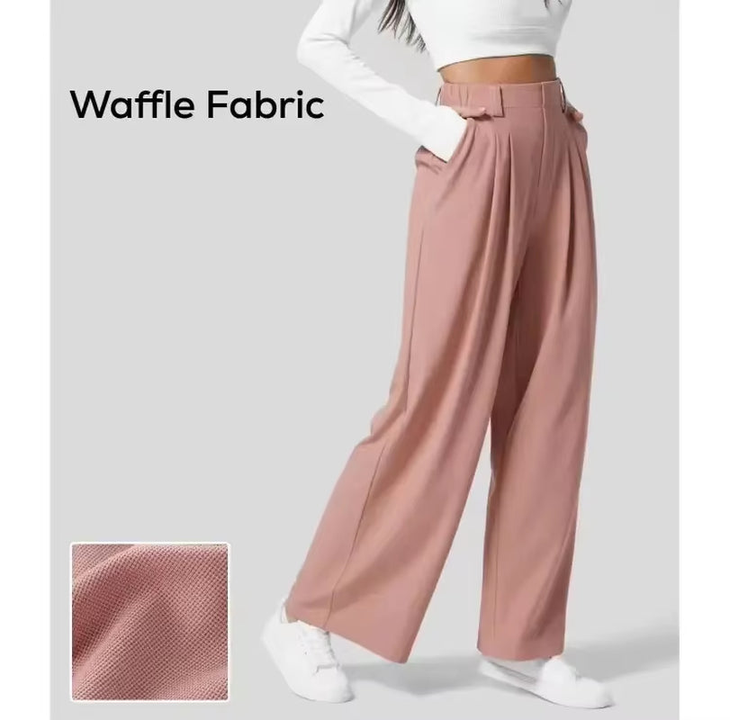 High Waisted Plicated Side Pocket Wide Leg Waffle Loose Work Pants Shock