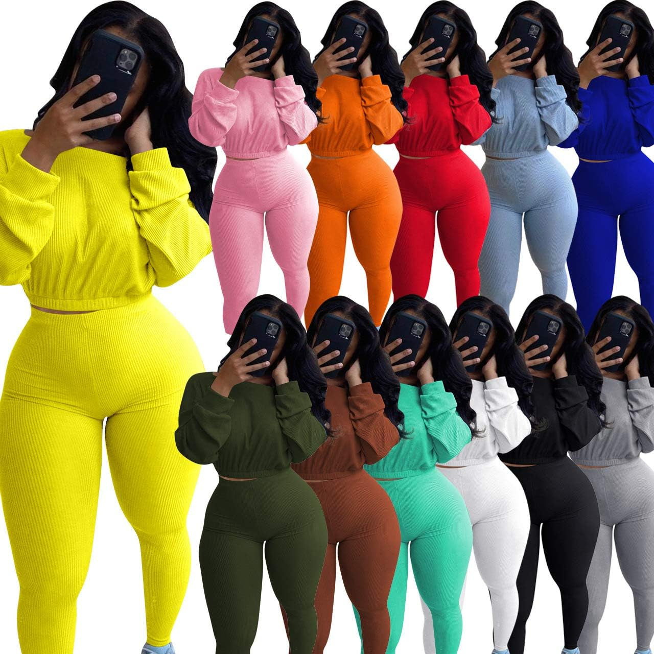 Women Ribbed Two Piece Tracksuit Set Plain Crop Tops Skinny Long Pants Bodycon Sweatsuit Jumpsuit Orange M
