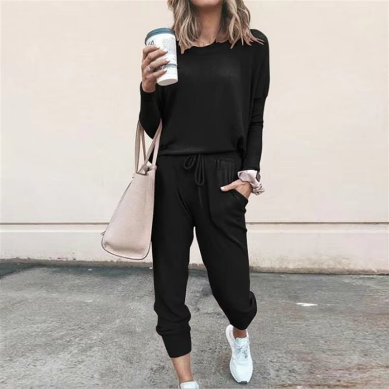 Hot Women'S Long Sleeve round Neck Top and Pants Set Simple Solid Colour Pajama Set Casual O Neck Two Piece Outfit