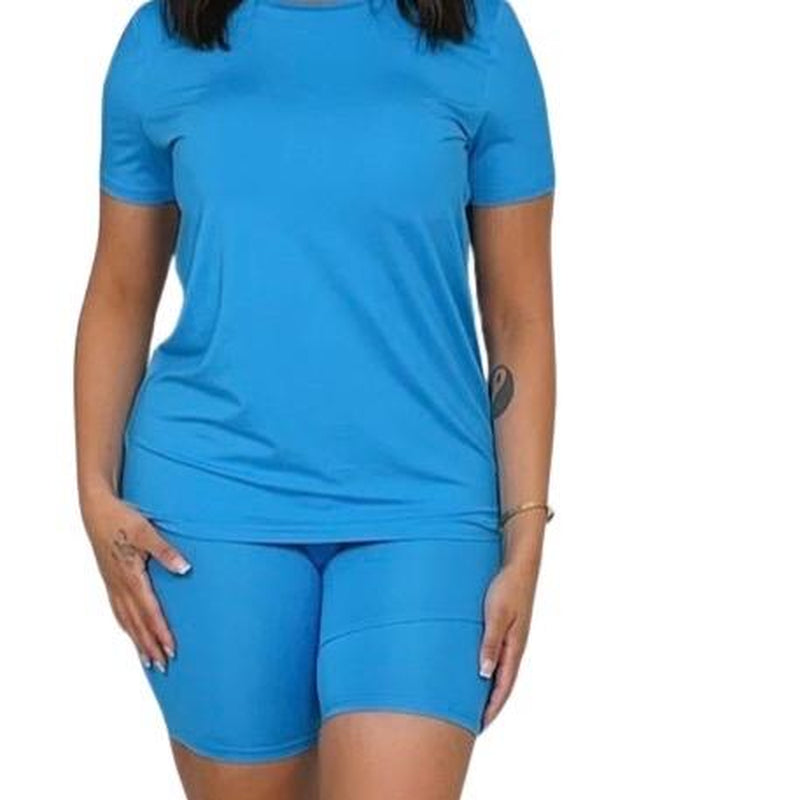 Two-Piece Set Women'S Plain Shorts Set with Comfort round Neck Tee & Skinny Shorts, Summer Casual Outfits, Workout Set, Fitted Design - Suits, Top Women'S Solid Color Shorts Set 2 Piece Sets Women