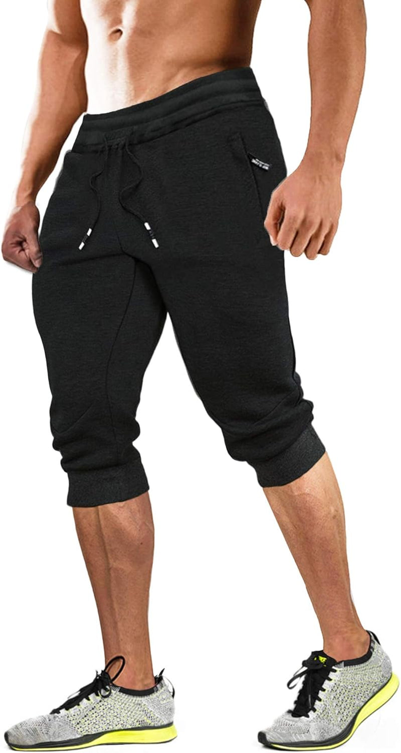 Men'S 3/4 Capri Joggers Running Athletic Gym Workout Long Shorts Cotton below Knee Pants with Zipper Pockets