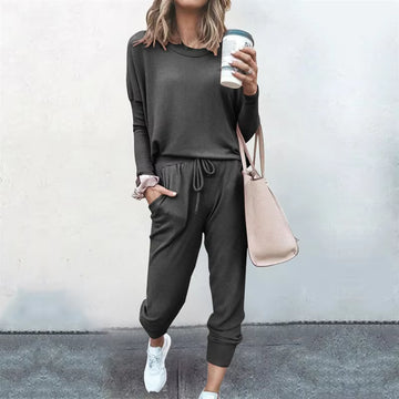 Hot Women'S Long Sleeve round Neck Top and Pants Set Simple Solid Colour Pajama Set Casual O Neck Two Piece Outfit