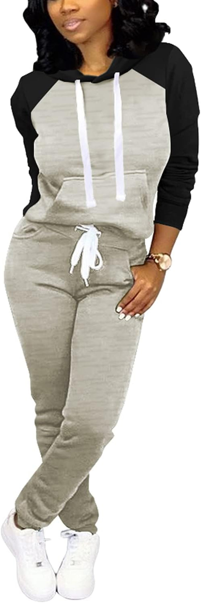 Two Piece Outfits for Women Jogging Suits Casual Tracksuit Hoodie Long Sleeve Sweatsuit Pants Sets Black Light Gray XL