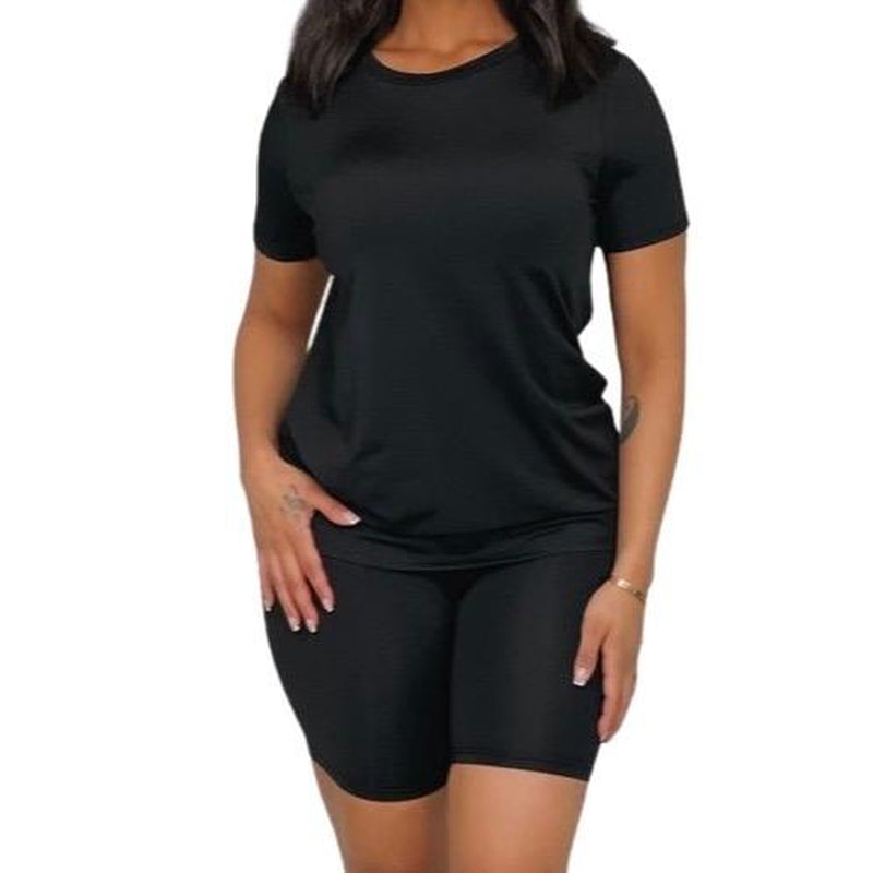 Two-Piece Set Women'S Plain Shorts Set with Comfort round Neck Tee & Skinny Shorts, Summer Casual Outfits, Workout Set, Fitted Design - Suits, Top Women'S Solid Color Shorts Set 2 Piece Sets Women