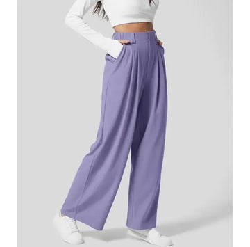 High Waisted Plicated Side Pocket Wide Leg Waffle Loose Work Pants Shock