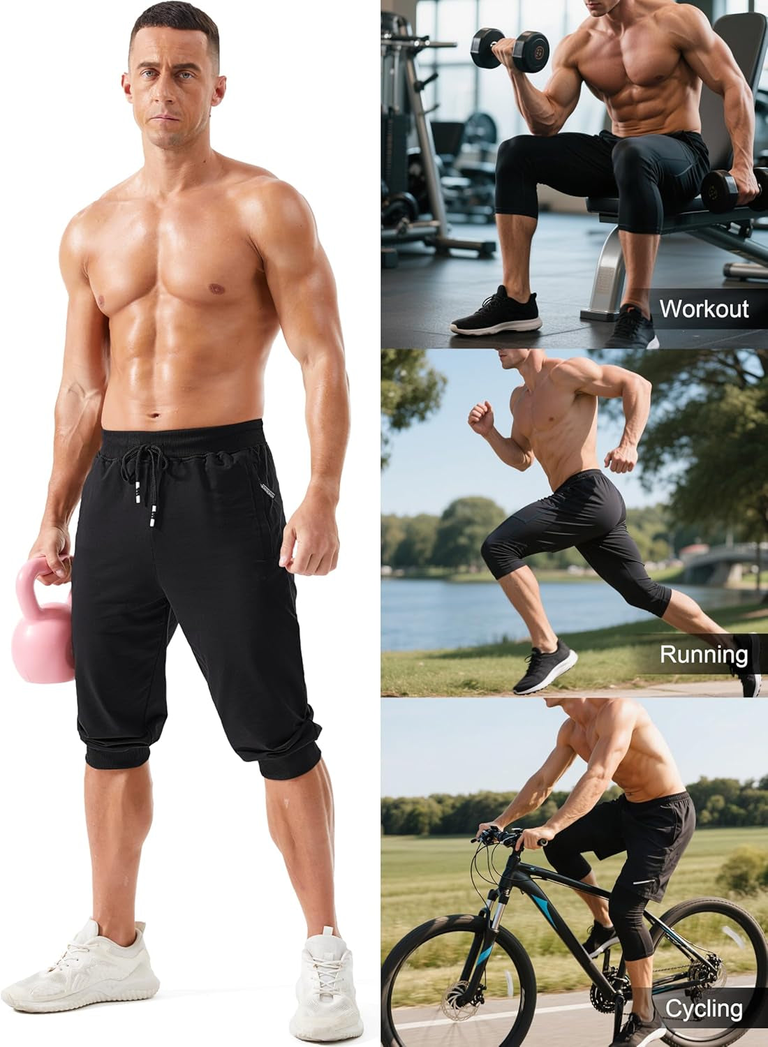 Men'S 3/4 Capri Joggers Running Athletic Gym Workout Long Shorts Cotton below Knee Pants with Zipper Pockets