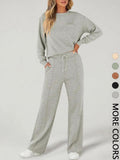 2-Piece Women'S Casual Long Sleeve Pocket Sportswear Set, Stylish Comfortable Wide Leg Athletic Set for All Seasons