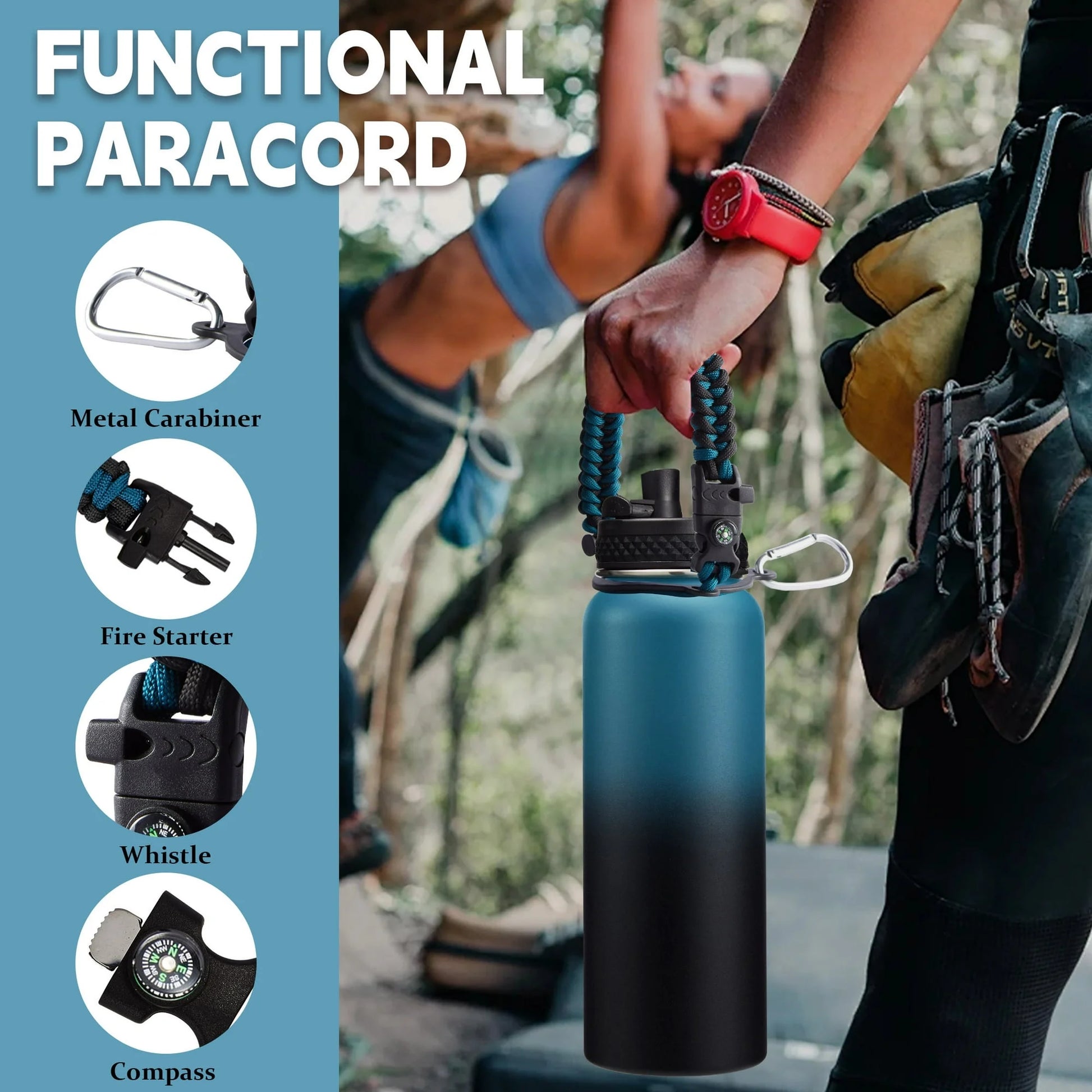 40Oz Insulated Water Bottle with Straw - Auto Spout Lid, Strap Sleeve, Paracord Handle, 40 Oz Stainless Steel Water Bottles Keep Cold 48H Hot 24H, Metal Thermo Jug for Gym Sports Hiking, Black
