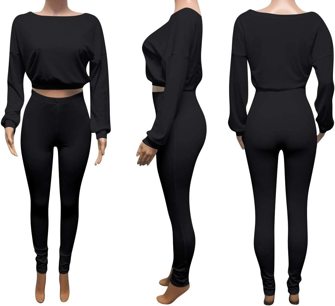 Women Ribbed Two Piece Tracksuit Set Plain Crop Tops Skinny Long Pants Bodycon Sweatsuit Jumpsuit Orange M
