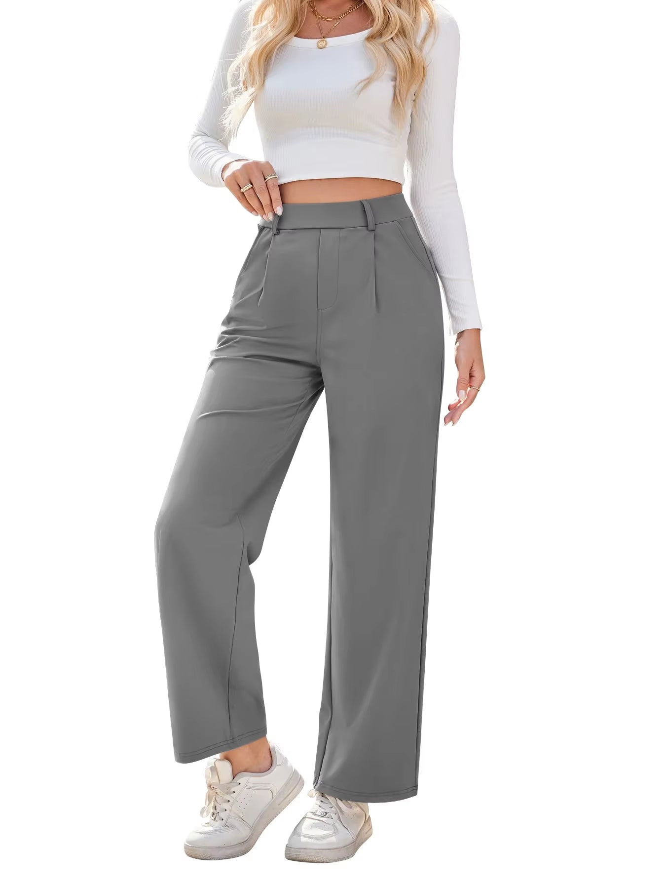 Flex High Waisted Work Pants Plicated Side Pockets Straight Leg Cargo Business Pants Straight-Leg Cut Breathable Versatile Wear