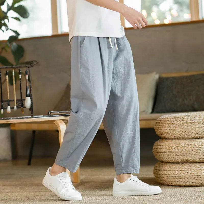 2023 Summer Men's Trousers Cotton Linen Fashion Thin Soft Casual Pants Breathable Loose Shorts Straight Pants Streetwear