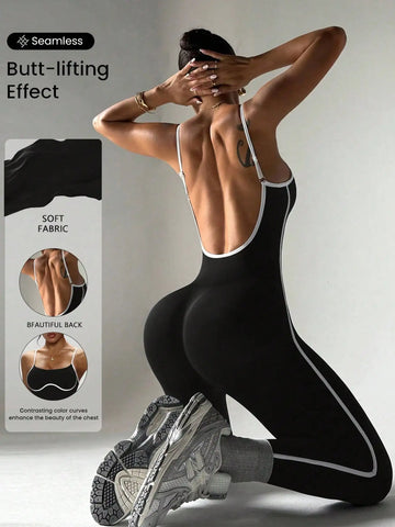 Casual sports hot girl running shockproof back hollow waist sexy jumpsuit with a tight base