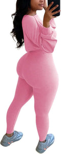 Women Ribbed Two Piece Tracksuit Set Plain Crop Tops Skinny Long Pants Bodycon Sweatsuit Jumpsuit Orange M