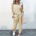 Hot Women'S Long Sleeve round Neck Top and Pants Set Simple Solid Colour Pajama Set Casual O Neck Two Piece Outfit