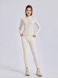 Two-Piece Set Women'S Solid Zip Upmock Neck Sports Jacket & Highwaist Leggings Set, Sportybreathable Quick Drying