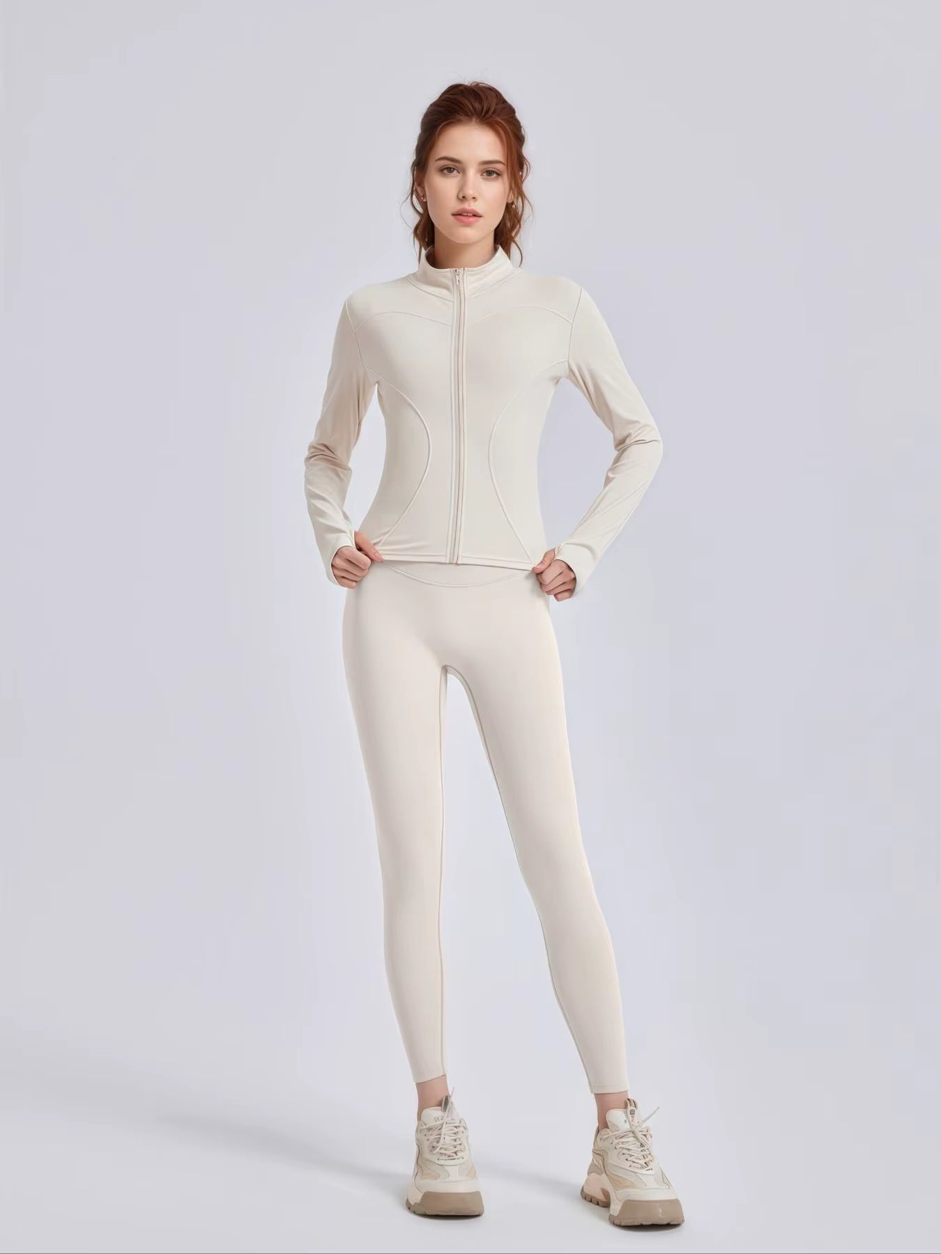 Two-Piece Set Women'S Solid Zip Upmock Neck Sports Jacket & Highwaist Leggings Set, Sportybreathable Quick Drying