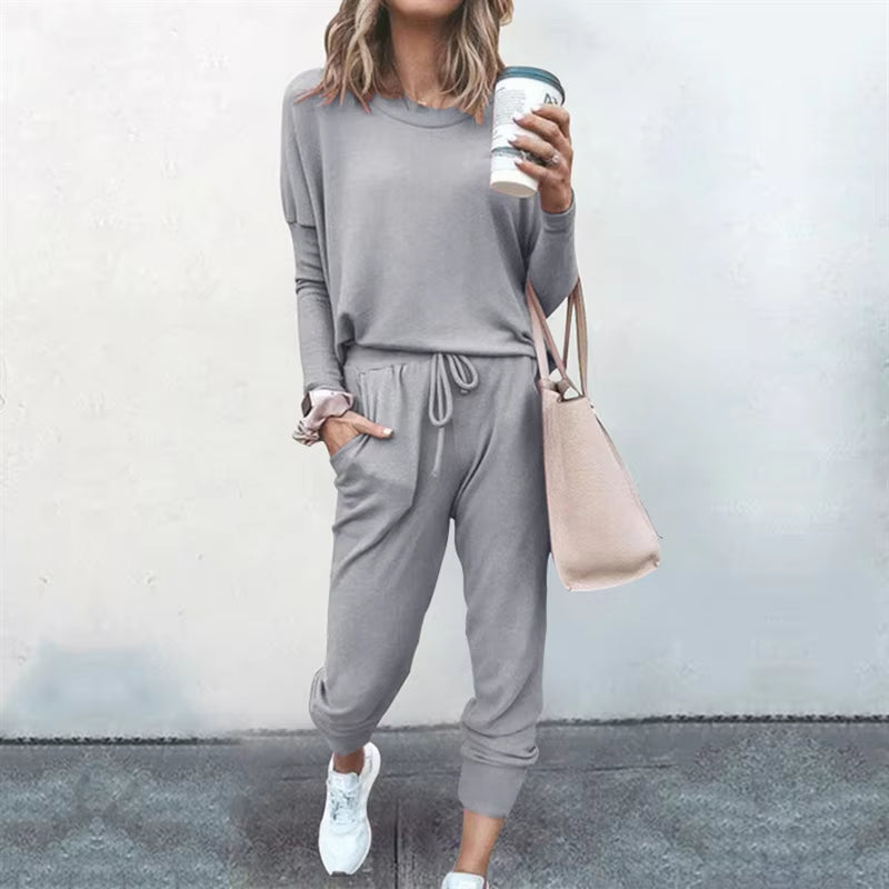 Hot Women'S Long Sleeve round Neck Top and Pants Set Simple Solid Colour Pajama Set Casual O Neck Two Piece Outfit
