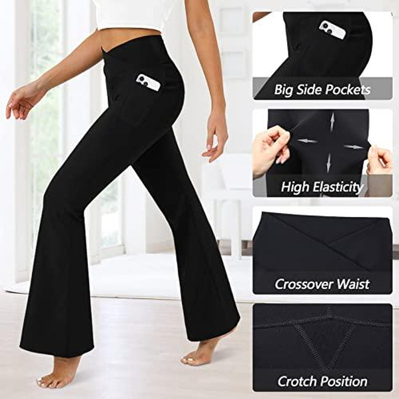 Dlooda Women'S Flare Leggings with Pockets-Crossover High Waisted Bootcut Yoga Pants-Tummy Control Vertical Bell Bottom Leggings