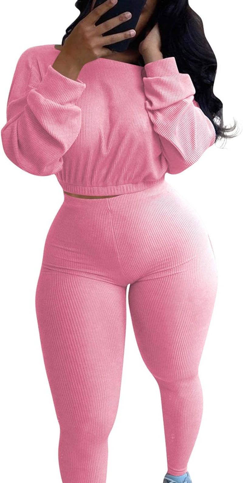 Women Ribbed Two Piece Tracksuit Set Plain Crop Tops Skinny Long Pants Bodycon Sweatsuit Jumpsuit Orange M