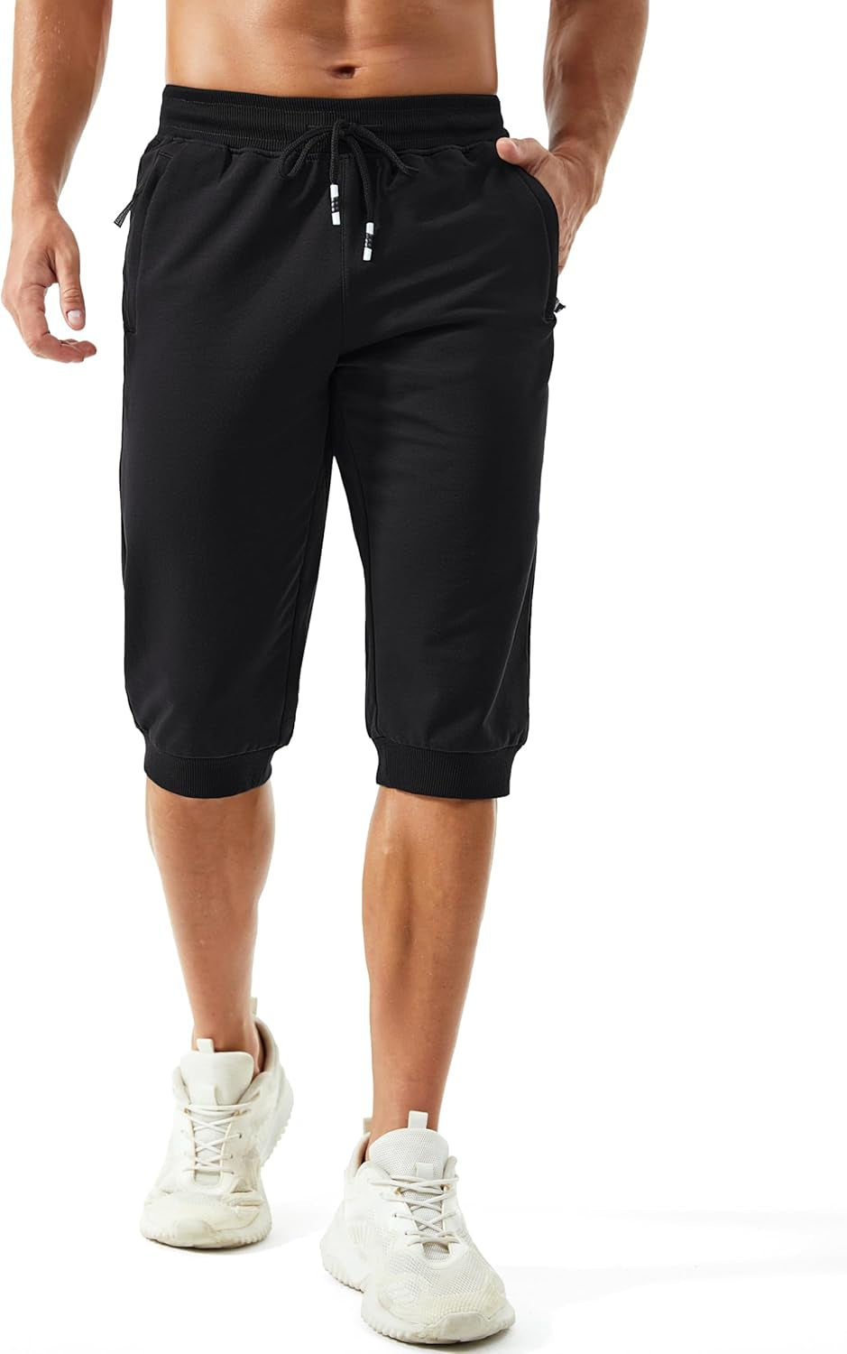 Men'S 3/4 Capri Joggers Running Athletic Gym Workout Long Shorts Cotton below Knee Pants with Zipper Pockets