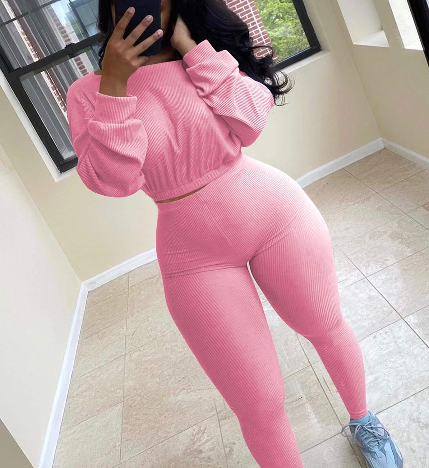 Women Ribbed Two Piece Tracksuit Set Plain Crop Tops Skinny Long Pants Bodycon Sweatsuit Jumpsuit Orange M