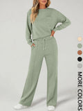 2-Piece Women'S Casual Long Sleeve Pocket Sportswear Set, Stylish Comfortable Wide Leg Athletic Set for All Seasons