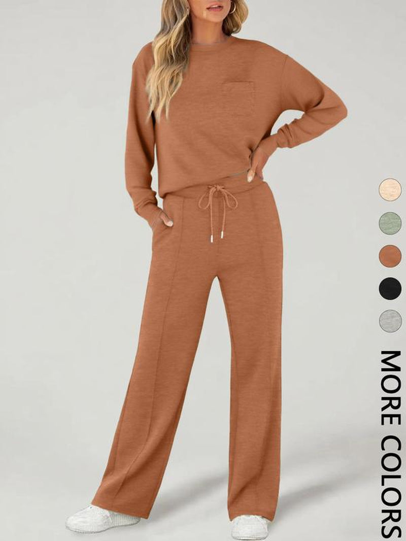 2-Piece Women'S Casual Long Sleeve Pocket Sportswear Set, Stylish Comfortable Wide Leg Athletic Set for All Seasons