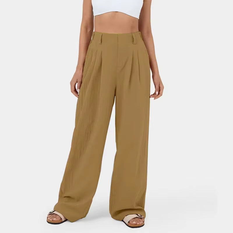 High Waisted Plicated Side Pocket Wide Leg Waffle Loose Work Pants Shock